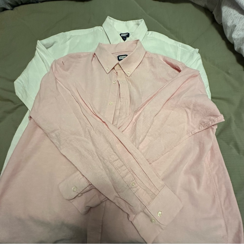 LOT OF 2 - Lands' End Men's White & Pink Linen & Cotton Button Downs - Size XL - Picture 7 of 11